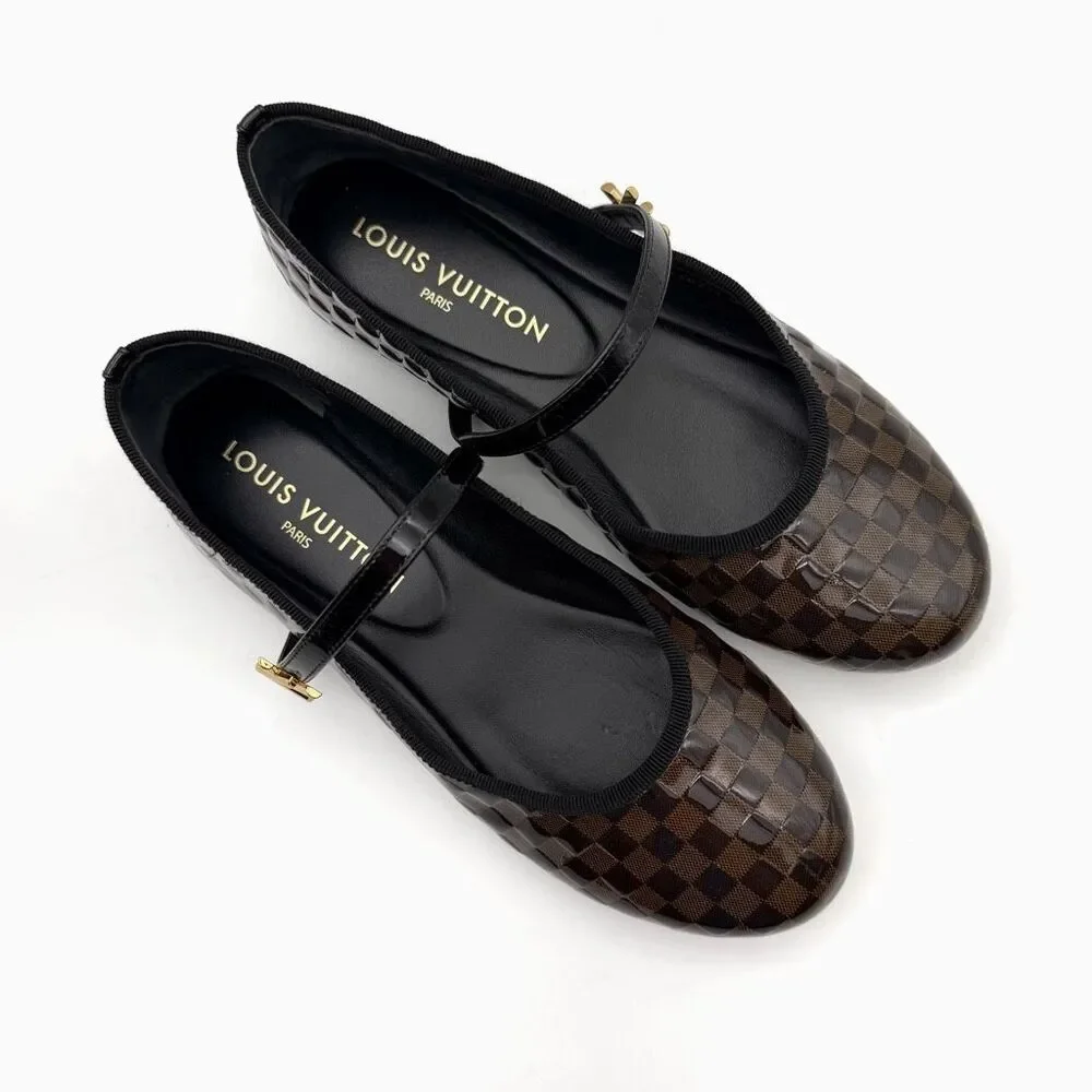 LOUIS VUITTON Romy Maryjane Ballet Flat Size 38 Damier Black Brown Leather